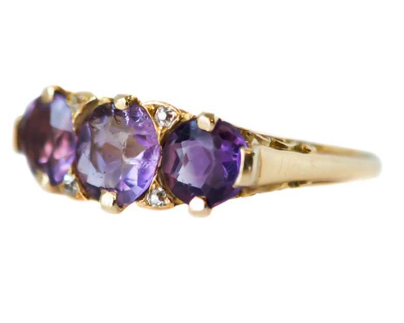 Circa 1890s Victorian Antique Three Stone Amethyst, Diamond and 18k Yellow Gold Ring, ATL 415A image 6