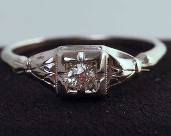 Circa 1920 - Edwardian .10ct Old European Cut Diamond Engagement Ring set in 14K White Gold - VEG#335