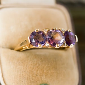 Circa 1890s Victorian Antique Three Stone Amethyst, Diamond and 18k Yellow Gold Ring, ATL 415A image 9