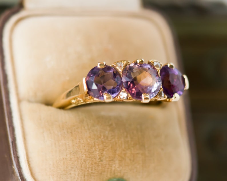 Circa 1890s Victorian Antique Three Stone Amethyst, Diamond and 18k Yellow Gold Ring, ATL 415A image 9