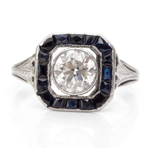 Circa 1920s Deco Platinum Sapphire & 0.95ct Old European Diamond Engagement Ring, ATL #393A