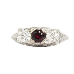 Circa 1920 Art Deco 18k White Gold .70ct Round Brilliant Garnett and .75cttw Old European Brilliant Diamond Engagement Ring-VEG#1448