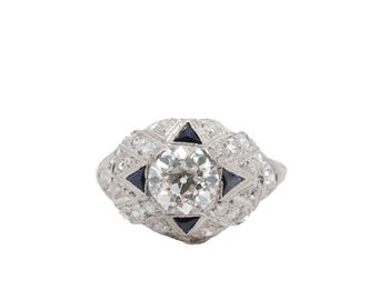 Anillo de compromiso Art Decó antiguo con un gran diamante de talla antigua europea de 1,28 ct con certificación GIA y zafiros * 1,50 cttw * VEG#102