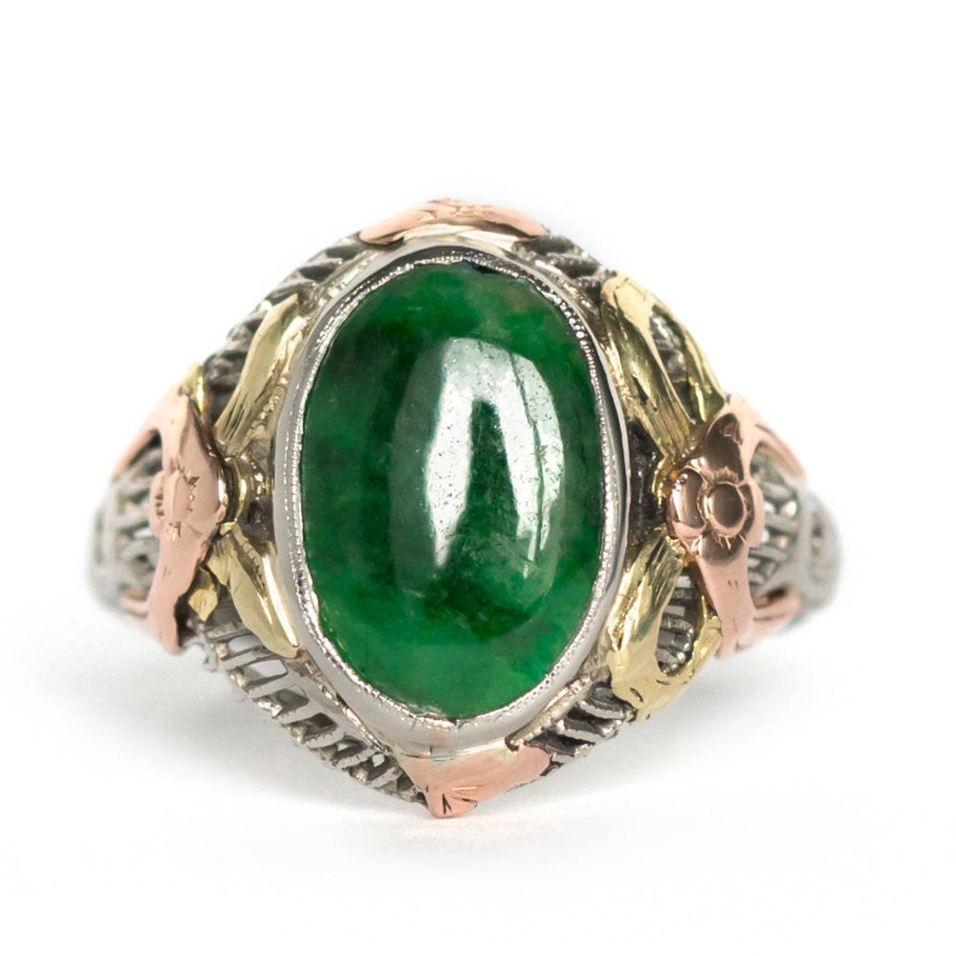 Circa 1880s Victorian 14K Yellow, White, and Rose Gold Jade