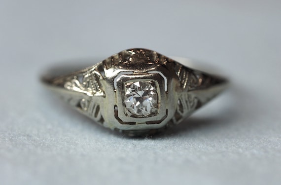 Antique 14K White Gold Engagement Ring w/ Old Eur… - image 1