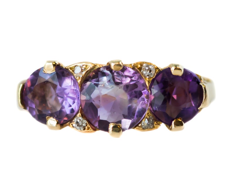 Circa 1890s Victorian Antique Three Stone Amethyst, Diamond and 18k Yellow Gold Ring, ATL 415A image 1