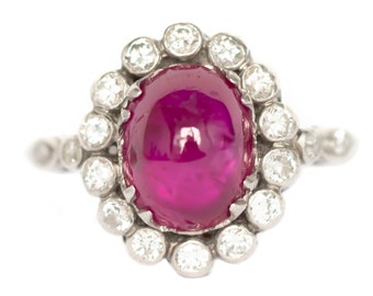 Circa 1910 Edwardian Platinum ~3.50ct. Ruby with .40cttw Old European Diamond Engagement Ring-VEG#942A