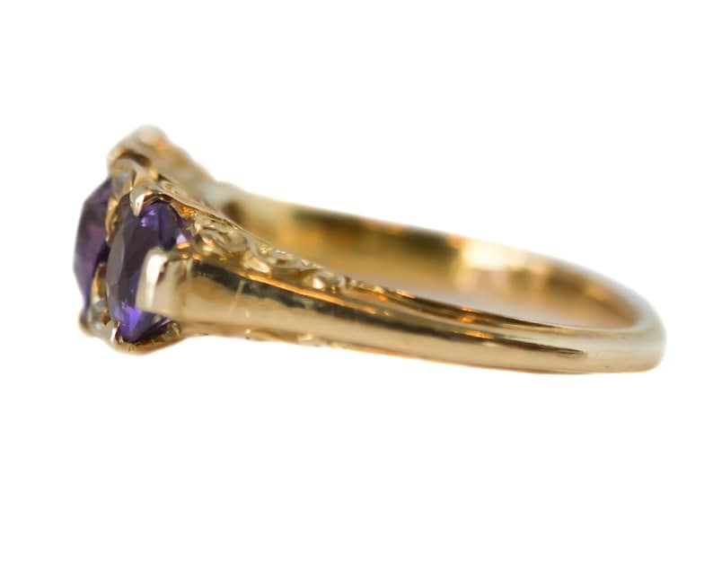 Circa 1890s Victorian Antique Three Stone Amethyst, Diamond and 18k Yellow Gold Ring, ATL 415A image 5