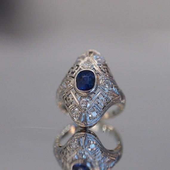 Antique Sapphire & Diamond Art Deco Engagement Ri… - image 2