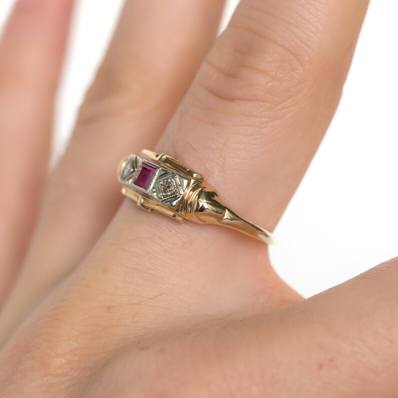 LAYAWAY 1930/'s Antique Ruby /& Diamond Ring in 14K Yellow Gold and Old Miner Cut Diamonds VEG#13