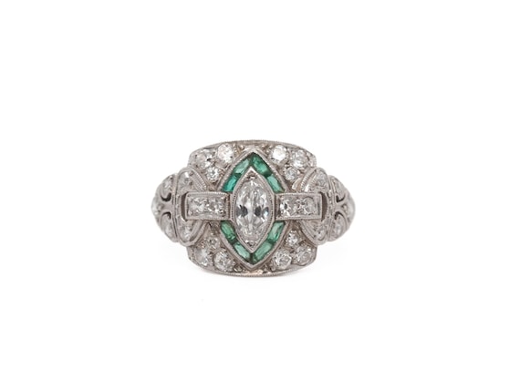 Circa 1920s Platinum Antique Marquise Diamond and Emerald Engagement Ring - VEG#40