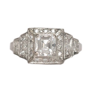 Circa 1930 Art Deco Platinum GIA Certified 1.26ct Square Emerald Cut Diamond Engagement Ring-VEG#728A