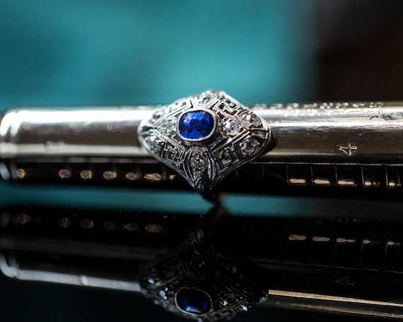 Antique Sapphire & Diamond Art Deco Engagement Ri… - image 1