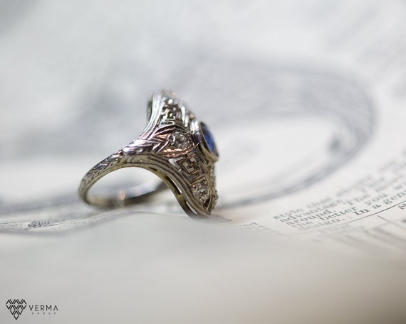 Antique Sapphire & Diamond Art Deco Engagement Ri… - image 4