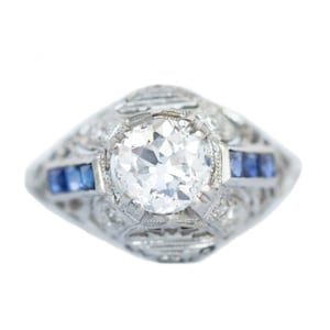 Art Deco Platin GIA 1.07ct und .05cttw Antique Single Cut und .20cttw Princess Cut Verlobungsring - VEG # 1344