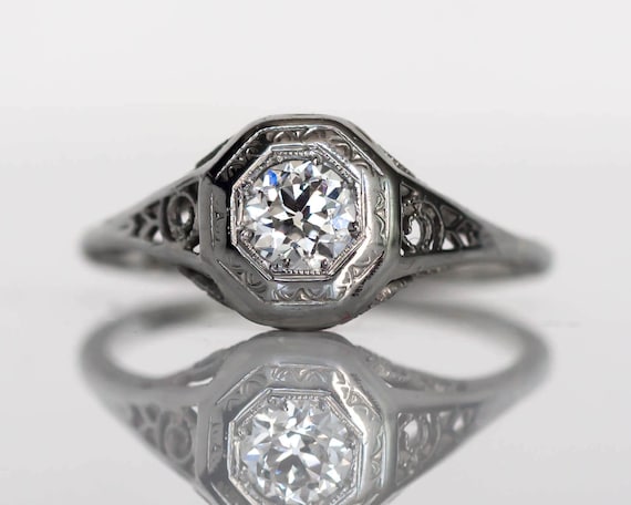 Circa 1930s Art Deco 18K White Gold GIA Certified .35ct Circular Brilliant Cut Diamond Engagement Ring - VEG#779