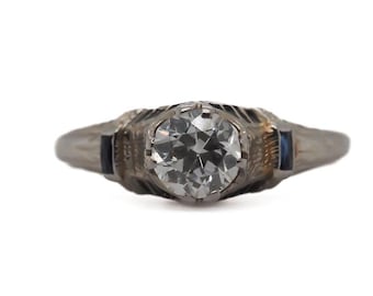 14K White Gold Antique Engagement Ring with .70ct Old European Cut Diamond and Sapphires from 1924 VEG #23