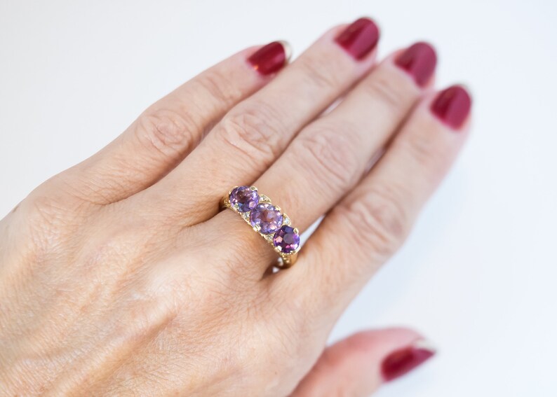 Circa 1890s Victorian Antique Three Stone Amethyst, Diamond and 18k Yellow Gold Ring, ATL 415A image 10