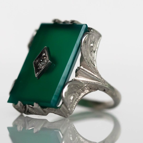 Circa 1940s Art Deco 18K White Gold Jade Plate .03ct Old European Cut Diamond Engagement Ring - VEG#696