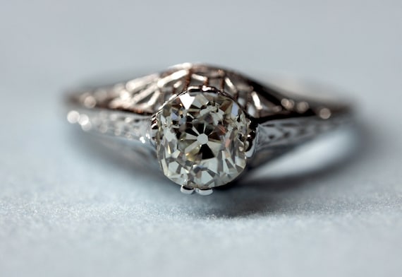 Vintage Diamond Engagement Ring - 18k White Gold Old Mine Cut Solitaire  .92ct - Wilson Brothers Jewelry