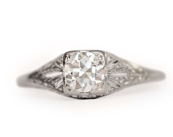 Circa 1930s Art Deco 18K White Gold .60ct Old European Brilliant Diamond Engagement Ring-VEG#1011A
