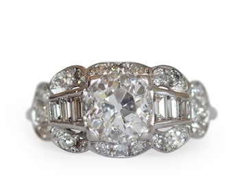 Circa 1920 Art Deco Platinum GIA Certified 1.39ct Antique Cushion Diamond Engagement Ring-VEG#1206A