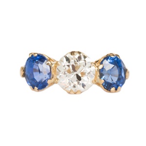 1900 年頃のエドワード朝 18K イエロー ゴールド GIA 認定 1.09 カラット サーキュラー ブリリアントと 1.71 カラット ブリリアント カット サファイア エンゲージメント リング - VEG#1346