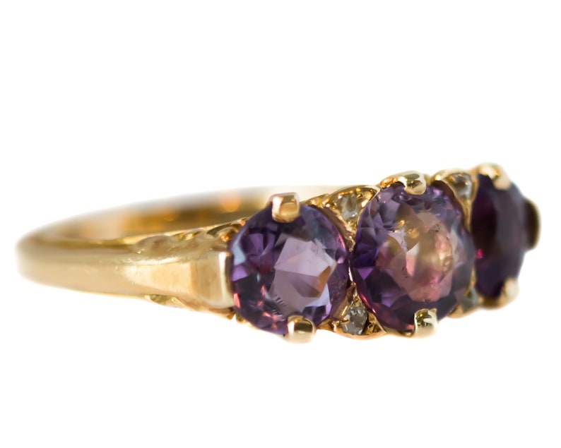 Circa 1890s Victorian Antique Three Stone Amethyst, Diamond and 18k Yellow Gold Ring, ATL 415A image 2