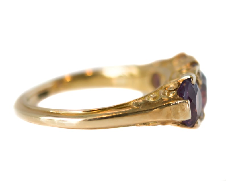 Circa 1890s Victorian Antique Three Stone Amethyst, Diamond and 18k Yellow Gold Ring, ATL 415A image 3