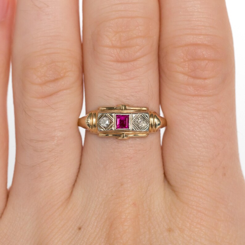 LAYAWAY 1930/'s Antique Ruby /& Diamond Ring in 14K Yellow Gold and Old Miner Cut Diamonds VEG#13