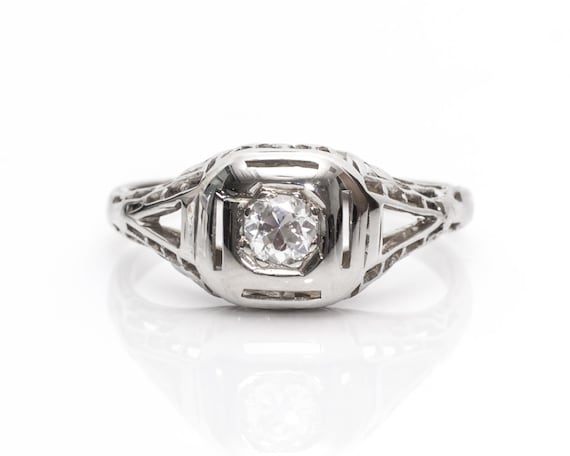 Circa 1920s Art Deco Diamond Filigree Engagement Ring, ATL #493