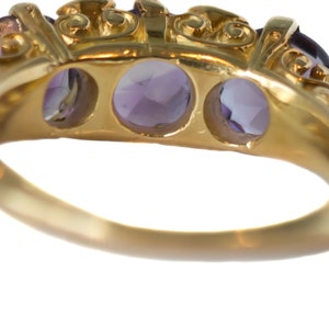 Circa 1890s Victorian Antique Three Stone Amethyst, Diamond and 18k Yellow Gold Ring, ATL 415A image 4