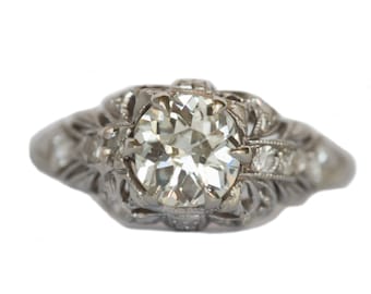 Circa 1910 Edwardian Platinum .90ct Antique Cushion and .10cttw Antique Single Cut Diamond Engagement Ring-VEG#1320