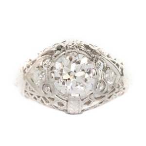 Circa 1915 Edwardian Platinum GIA certified .89ct Round Brilliant and .08cttw Old European Brilliant Diamond Engagement Ring-VEG#1026A