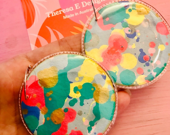 Sale!!! Extra Large Circle Splatter Art Multicoloured Painted Canvas Earrings