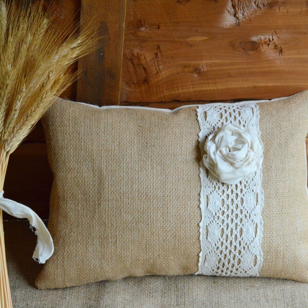 Burlap and Lace Pillow Rustic Home Decor Farmhouse Shabby Chic Accent Pillow Toss Pillow Gift Idea Ivory Flower Pillow Custom Color