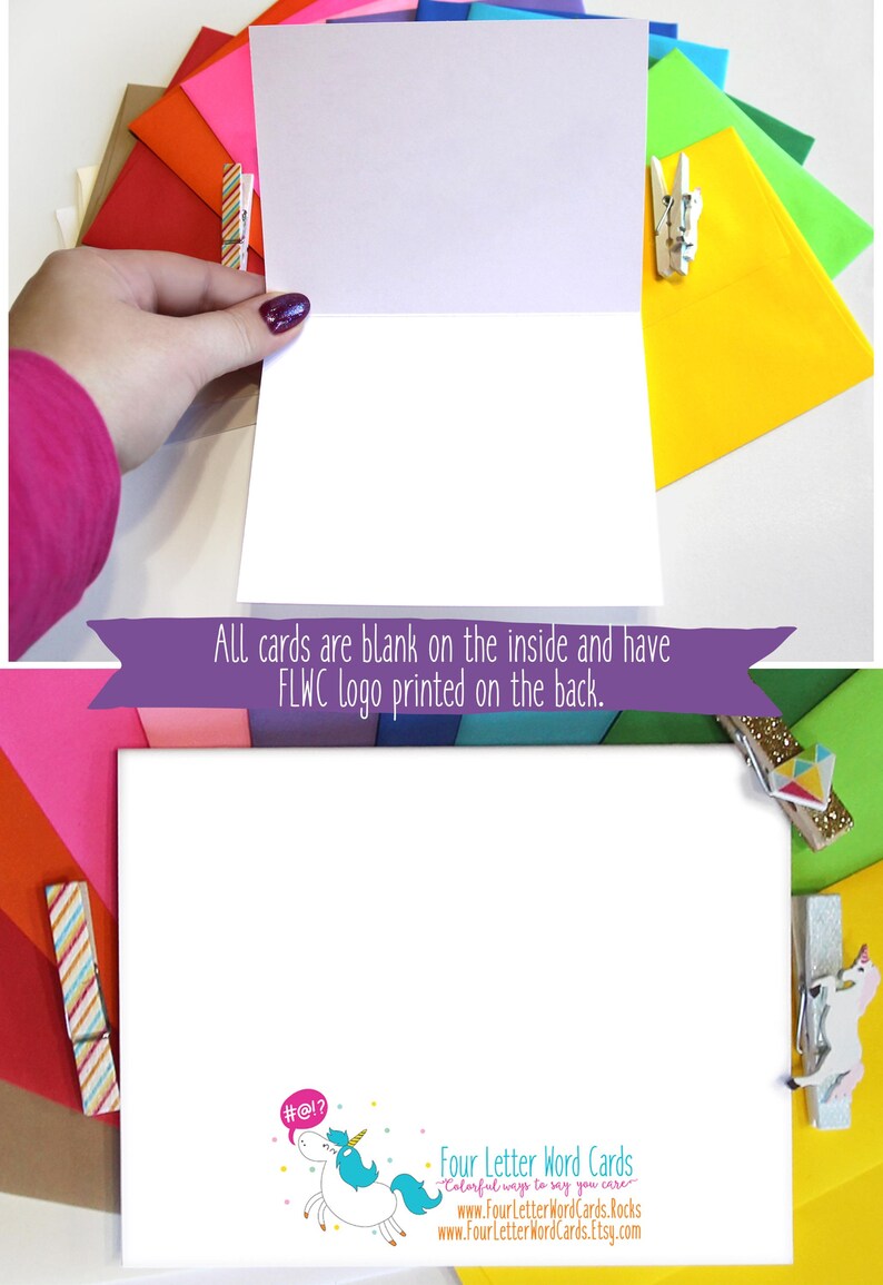 Puede incluir: Un conjunto de tarjetas de felicitaci&oacute;n en blanco con un logotipo de unicornio colorido en la parte posterior. Las tarjetas est&aacute;n en blanco en el interior y tienen un logotipo que dice "Four Letter Word Cards" con el lema "Maneras coloridas de decir que te importa".