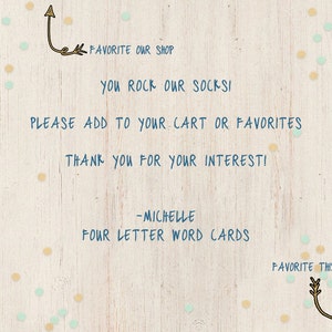 Puede incluir: Una ilustraci&oacute;n digital con un fondo de madera clara y confeti de colores. El texto dice "FAVORITE OUR SHOP YOU ROCK OUR SOCKS! PLEASE ADD TO YOUR CART OR FAVORITES THANK YOU FOR YOUR INTERESTI -MICHELLE FOUR LETTER WORD CARDS FAVORITE THIS ITEM"