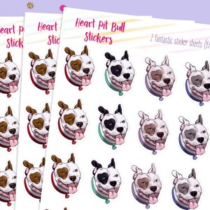 May include: Two sheets of stickers featuring 12 different illustrations of pit bull dogs with hearts on their faces. The dogs are in various colors, including white, brown, black, and gray. The stickers are printed on white paper and have a glossy finish.