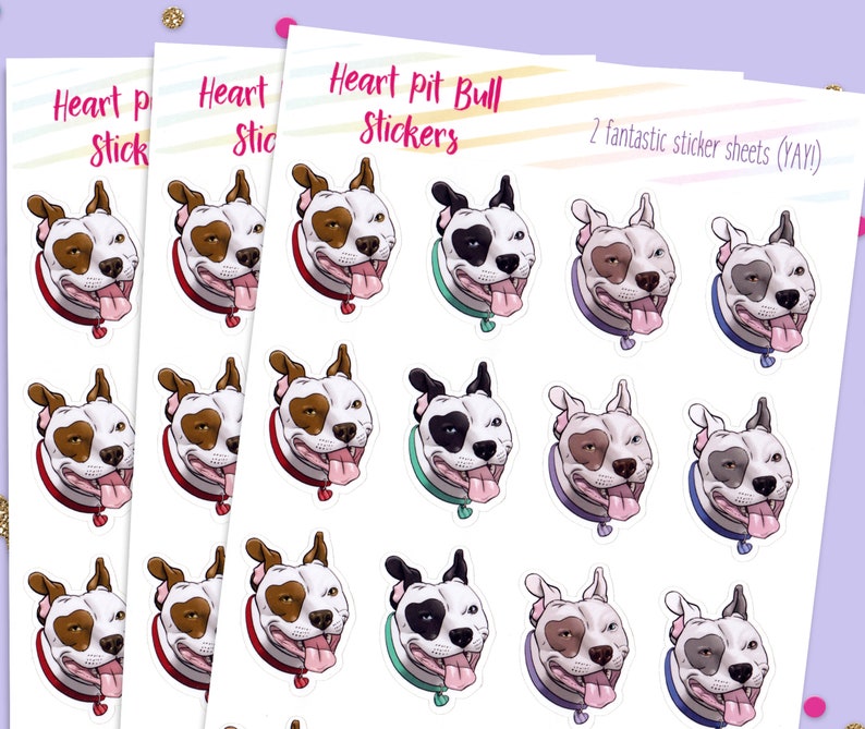 May include: Two sheets of stickers featuring 12 different illustrations of pit bull dogs with hearts on their faces. The dogs are in various colors, including white, brown, black, and gray. The stickers are printed on white paper and have a glossy finish.