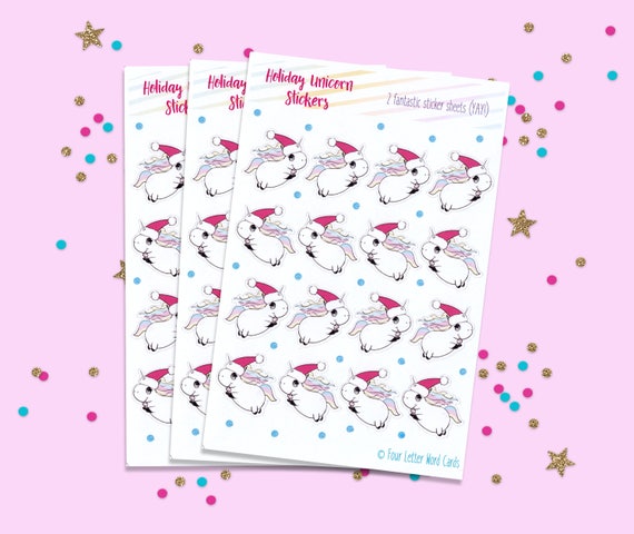 Holiday Stickers, Stocking Stuffers, Gift for Teachers, Unicorn Stickers, Holiday Unicorns, Stationery Stickers, Holiday Sticker Sheets