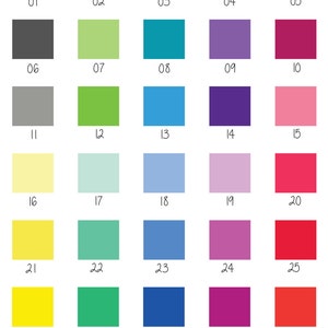 Puede incluir: Una tabla de 35 muestras de color diferentes, numeradas del 01 al 35. Los colores van del negro al rojo, amarillo, verde, azul y morado.