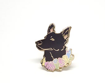 Black German Shepherd Enamel Pin: Floral Collar Dog Lover Gift