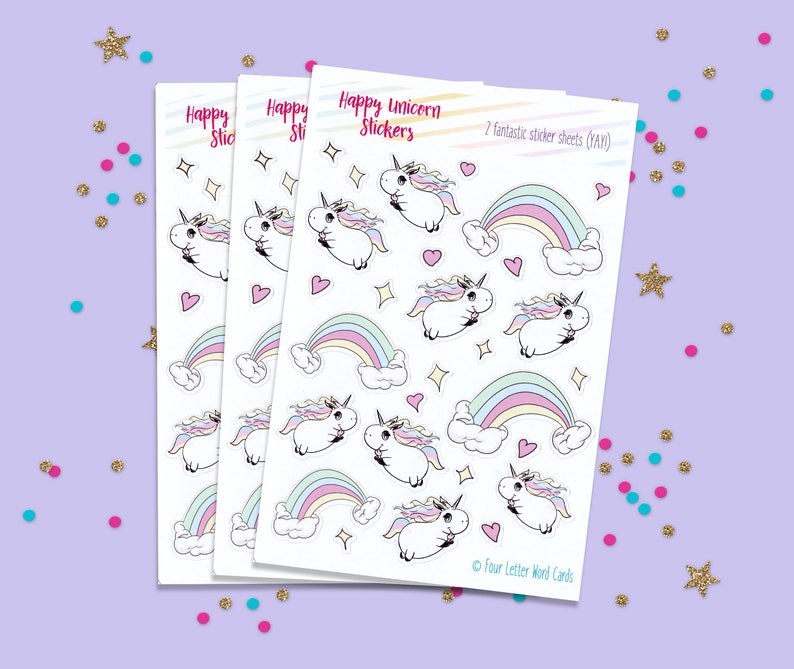 May include: Three sheets of stickers featuring cute cartoon unicorns with rainbows and hearts. The sticker sheets are white with pink, blue, and yellow accents. The text on the sticker sheet reads "Happy Unicorn Stickers" and "2 fantastic sticker sheets (YAY)".