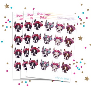 May include: Three sheets of stickers featuring Boston Terriers wearing floral headbands. Each sheet has 12 stickers, for a total of 36 stickers. The stickers are printed on white paper with a pink and white background.