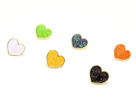 Halloween Pin Set - Gothic Mini Hearts - Halloween Enamel Pins - Black Glitter Enamel Pins