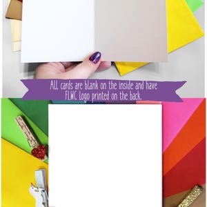 May include: A set of blank greeting cards with colorful envelopes. The cards are blank on the inside and have a logo on the back that says "Four Letter Word Cards - Colorful ways to say you care" with a unicorn graphic. The website address is also included: www.FourLetterWordCards.Rocks and www.fourLetterWordCards.Etsy.com.