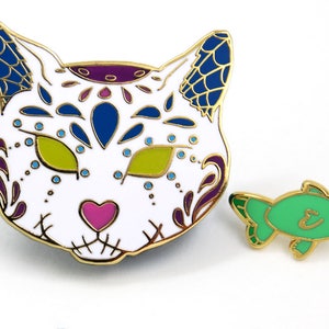 Halloween Pin Set, Sugar Skull Cat, Sugar Skull Pin Set, Christmas Gift, Stocking Stuffer, Hard Enamel Pin, Enamel Pin Set, Cat Enamel Pin image 1