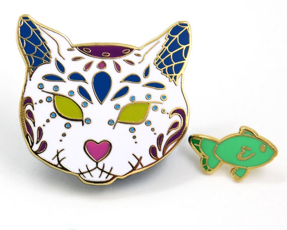 Halloween Pin Set, Sugar Skull Cat, Sugar Skull Pin Set, Christmas Gift, Stocking Stuffer, Hard Enamel Pin, Enamel Pin Set, Cat Enamel Pin