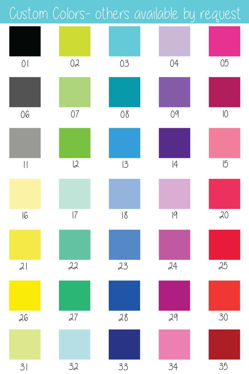 May include: A chart of 35 different colour swatches, numbered 01 to 35. The colours range from black to red, yellow, green, blue, and purple.